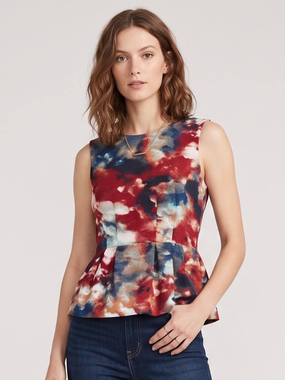 Walter Baker Sleeveless Peplum Top Watercolor Tie-Dye Abstract Print Blouse S